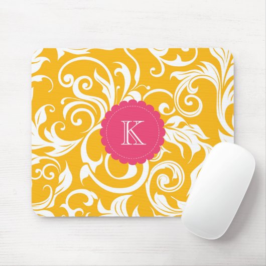 Hübsches Chef-Monogramm-Blumentapeten-orange Rosa Mousepad (Mit Mouse)