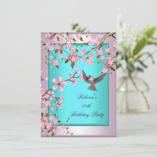 Hübsches Cherry Blossom Aquamarin Blue Pink Party Einladung (Stehend Vorderseite)