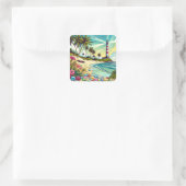 Hübsches Comic Buchstil Tropisches Paradies Quadratischer Aufkleber (Tasche)