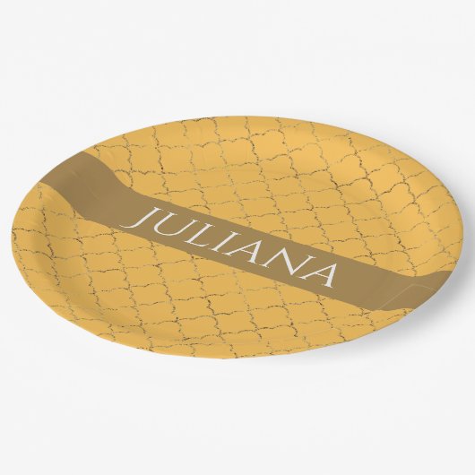Hübsches Daffodidgold Quatrefolie Personalisiert Pappteller (Schrägansicht)