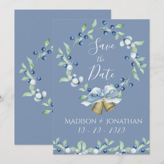 Hübsches Dusty Blue Wreath Save The Date (Vorne/Hinten)