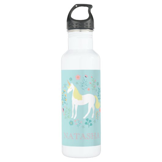 Hübsches Einhorn & Blume Aqua Personalisiert Trinkflasche (Vorderseite)