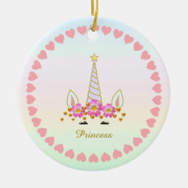 Hübsches Einhorn, Blumen, Herzen & goldenes Konfet Keramik Ornament