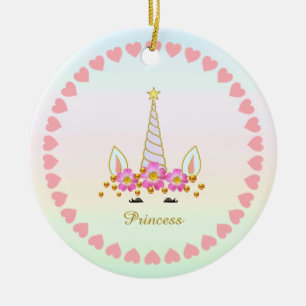 Hübsches Einhorn, Blumen, Herzen & goldenes Konfet Keramik Ornament