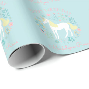 Hübsches Einhorn Flora Aqua Personalisiert Geburts Geschenkpapier
