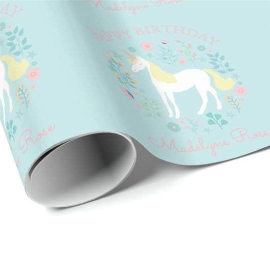 Hübsches Einhorn Flora Aqua Personalisiert Geburts Geschenkpapier (Rolleneckpunkt)