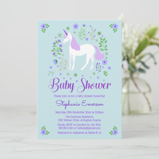 Hübsches Einhorn Lila Aqua Baby Dusche Einladung (Stehend Vorderseite)