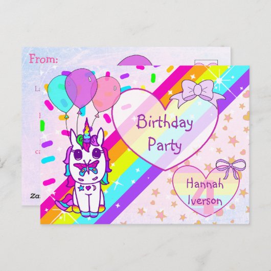 Hübsches Einhorn mit Schmetterling, Regenbogen, Fa Postkarte (Vorne/Hinten)