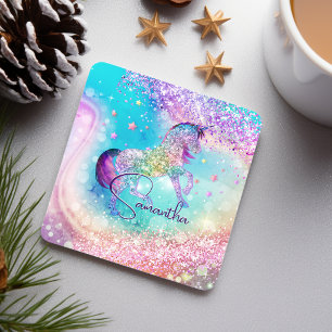 Hübsches Einhorn rosa Glitter Regenbogen Aqua Mono Rechteckiger Pappuntersetzer