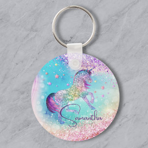 Hübsches Einhorn rosa Glitter Regenbogen Aqua Mono Schlüsselanhänger