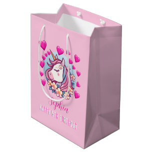 Hübsches Einhorn, rosa Herzen & Blumen, Name Gebur Mittlere Geschenktüte