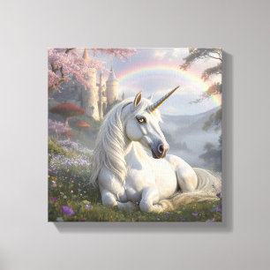 Hübsches Einhorn, Schloss und Regenbogen  Leinwanddruck