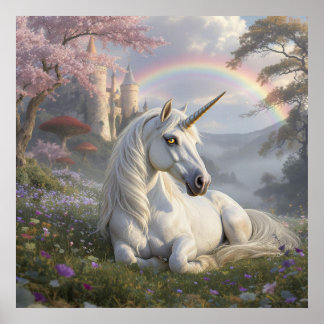 Hübsches Einhorn, Schloss und Regenbogen Poster