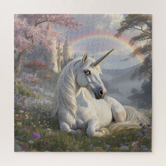 Hübsches Einhorn, Schloss und Regenbogen  Puzzle (Vertikal)