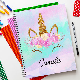 Hübsches Einhorn und abstraktes Wasserfarben-Monog Notizblock