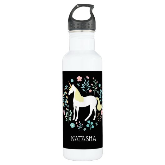 Hübsches Einhorn und Blume Personalisiert Edelstahlflasche (Vorderseite)