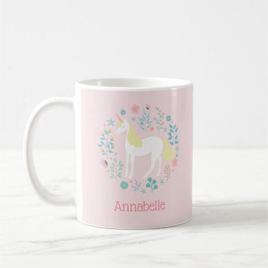 Hübsches Einhorn und Blume Rosa Personalisiert Kaffeetasse (Links)