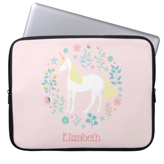 Hübsches Einhorn und Blume Rosa Personalisiert Laptopschutzhülle (Vorderseite)
