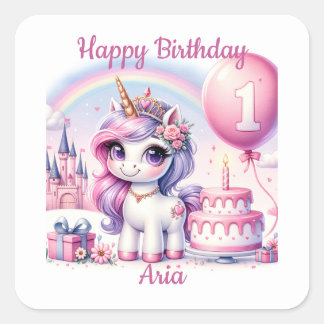 Hübsches Einhorn zum ersten Geburtstag mit Geburts Quadratischer Aufkleber