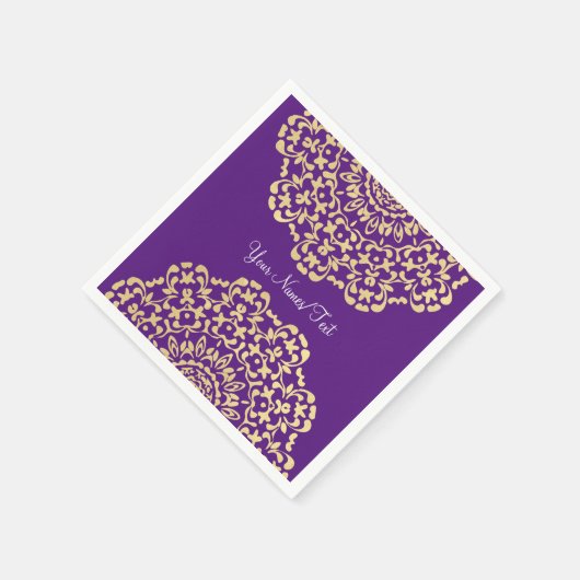 Hübsches Elegantes Gold Deep Lila Lacy Gemustert Serviette (Ecke)