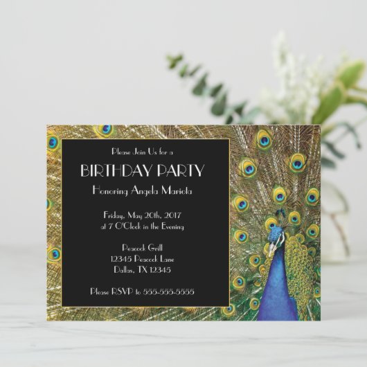 Hübsches Exotic Peacock Foto Geburtstag Einladung (Stehend Vorderseite)