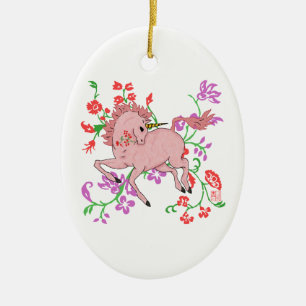 Hübsches Fantasie-Rosaunicorn-Pferd in den Blumen Keramikornament