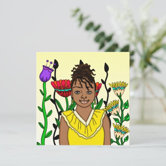 Hübsches Farbmädchen mit Blumenhintergrund (Stehend Vorderseite)