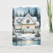 Hübsches Festhaus am Frostsee Feiertagskarte (Vorderseite)