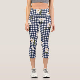 Hübsches Floral Daisy Gingham Karo Muster Capri Leggings
