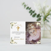 Hübsches florales Gold Cross Taufen Foto Vielen Da Postkarte (Stehend Vorderseite)