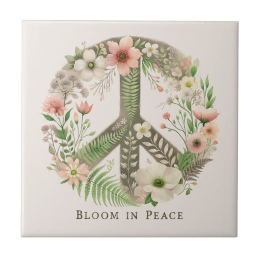 Hübsches florales Retro "Bloom in Peace" Zeichen Fliese (Vorderseite)