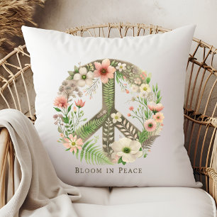 Hübsches florales Retro "Bloom in Peace" Zeichen Kissen