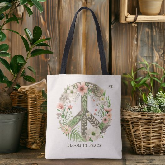 Hübsches florales Retro "Bloom in Peace" Zeichen Tasche