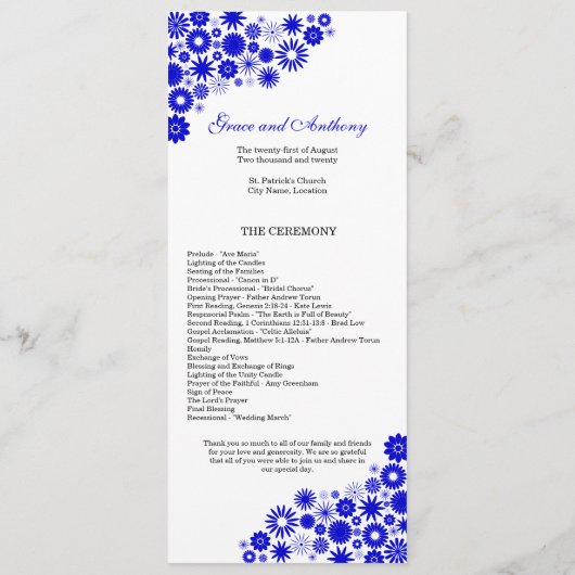 Hübsches Florals Royal Blue Wedding Programm (Rückseite)