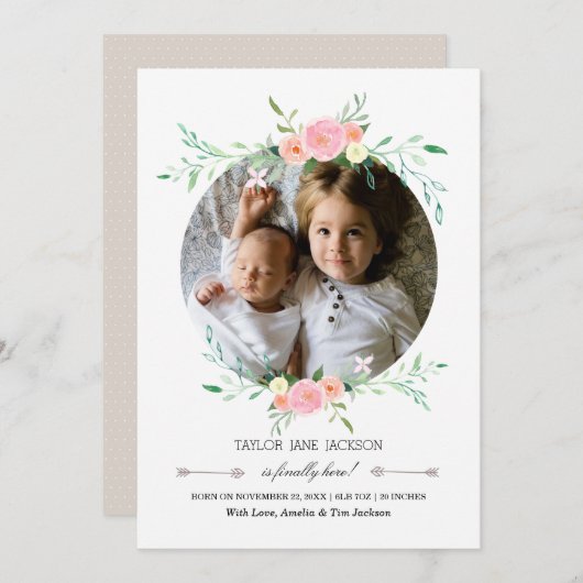 Hübsches Foto Blumenreath Geburtserklärung Ankündigung (Vorne/Hinten)