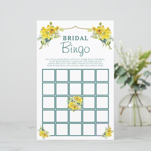 Hübsches Gelbes Brautparty Bingo Game (Stehend Vorderseite)
