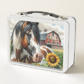 Hübsches Gepunktetes Pferd und Rustikaler Stall Metall Brotdose (Rückseite)