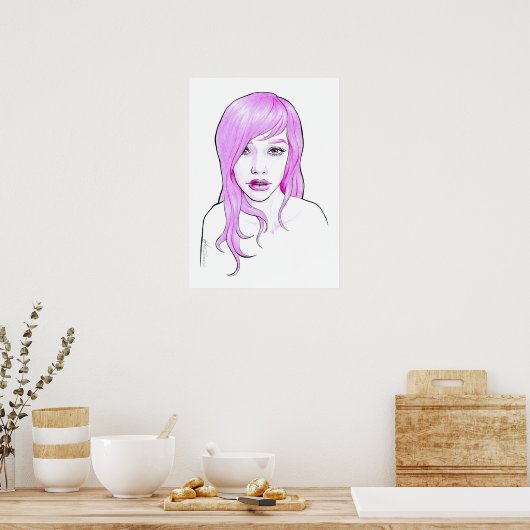 Hübsches Girl-Cartoon-Portrait Rosa Haar Niedliche Poster (Küche)