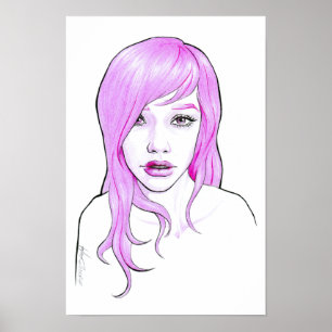Hübsches Girl-Cartoon-Portrait Rosa Haar Niedliche Poster