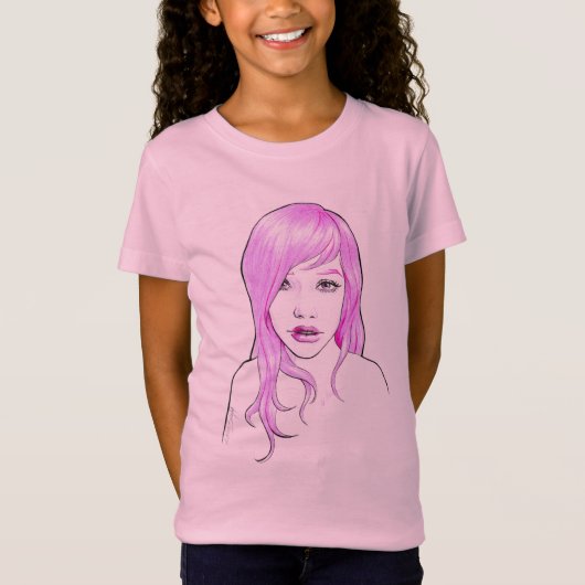 Hübsches Girl-Cartoon-Portrait Rosa Haar Niedliche T-Shirt (Vorderseite)