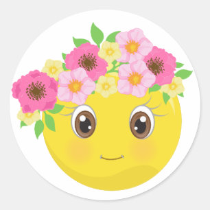 Hübsches Girly Emoji mit Blumen-Aufklebern Runder Aufkleber