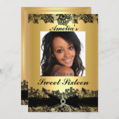 Hübsches Gold & Black Lace Foto Sweet 16 Einladung (Vorne/Hinten)