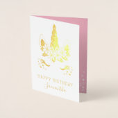 Hübsches Gold Floral Unicorn Happy Birthday Folienkarte (Vorderseite)