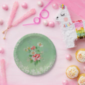 Hübsches Grün mit rosa Blumentapeten-Teller Pappteller (Party)