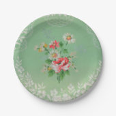 Hübsches Grün mit rosa Blumentapeten-Teller Pappteller (Vorderseite)