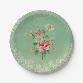 Hübsches Grün mit rosa Blumentapeten-Teller Pappteller