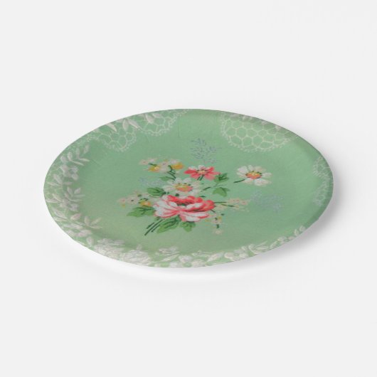 Hübsches Grün mit rosa Blumentapeten-Teller Pappteller (Schrägansicht)