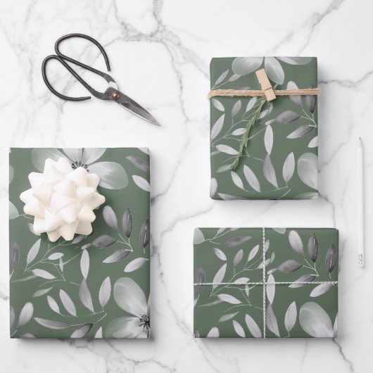 Hübsches grünes botanisches Blumenmuster Geschenkpapier Set (Vorderseite)