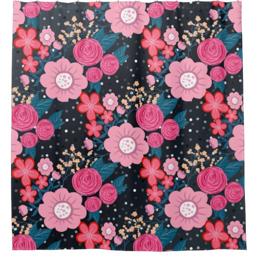 Hübsches gürtelrosa Floral Silber Dots Grau Design Duschvorhang (Vorderseite)