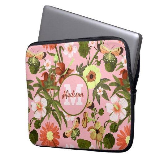 Hübsches, gürtelrosafarbenes Monogramm-Muster Laptopschutzhülle (Vorderseite Links)